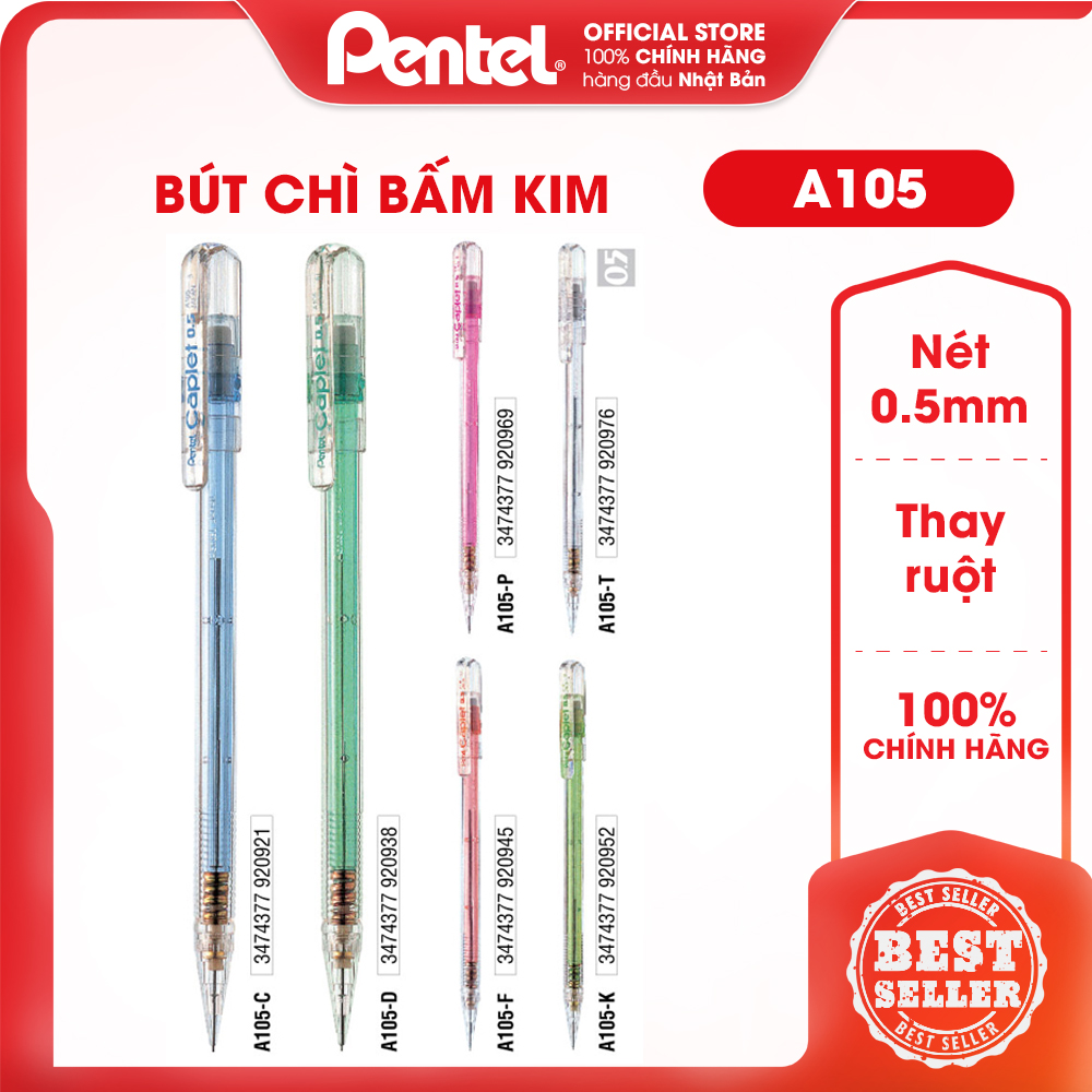 Bút Chì Kim Bấm Có Nắp Đậy Pentel Nhật Bản Caplet Thân Nhựa Trong Ngòi 0.5mm A105 Màu Siêu Xinh – Nhập Khẩu Chính Hãng Từ Nhật Bản, Đầu Bấm Siêu Êm