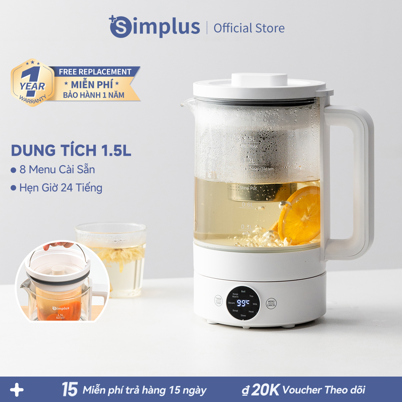  Simplus 1.5L Bộ ấm điện Gia dụng Đa chức năng Tự động ngắt điện Văn phòng nhỏ Ấm điện đun trà  Ấm đun nước- Bảo hành 1 năm 1 đổi 1 