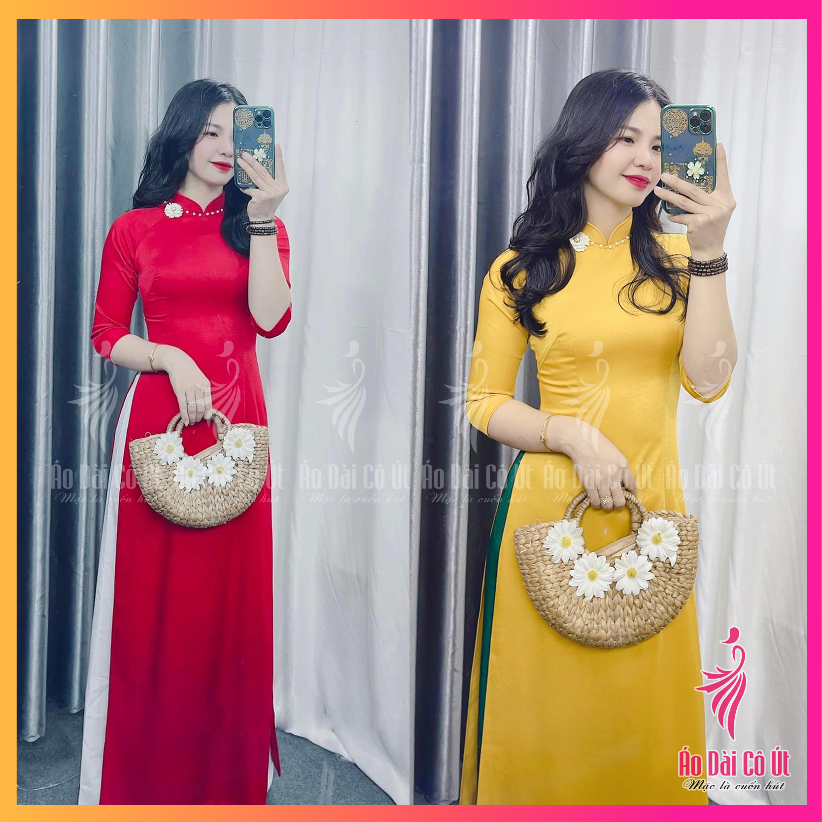 Áo dài truyền thống cổ đính hoa vải lụa tây thi