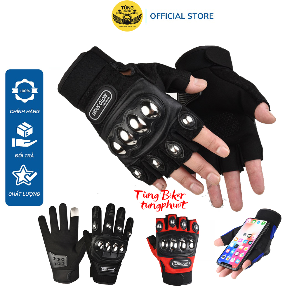 Găng tay xe máy đi phượt moto sport cụt ngón, dài ngón có gù thép inox bảo vệ