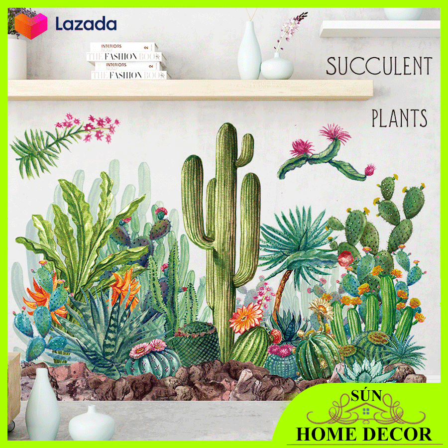 [MẪU SUCCULENT PLANTS] Decal dán tường mẫu vườn cây, tranh dán tường trang trí phòng khách, phòng ngủ, quán cafe