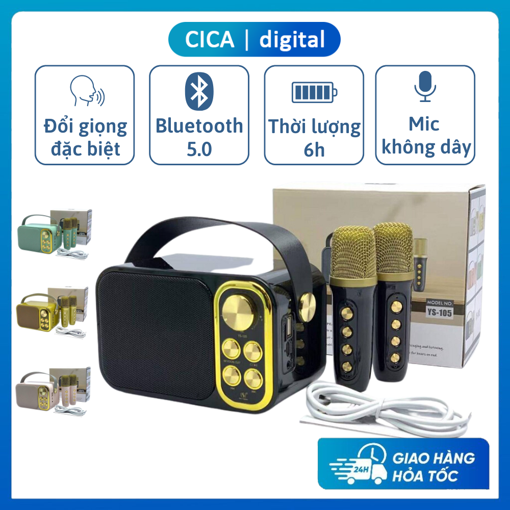 Loa karaoke YS-105 kèm 2 mic không dây, Công suất 10W, Chức năng đổi giọng đặc biệt, Micro hút giọng, Thoả sức làm ca sĩ ngay tại nhà, loa bluetooth, Bảo hành 24 tháng
