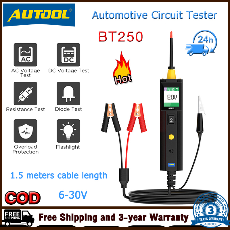 Autool bt250 máy kiểm tra mạch điện 6-30v hệ thống điện, kiểm tra điện trở, kiểm tra điốt, bảo vệ quá tải, kiểm tra điện áp ac/dc