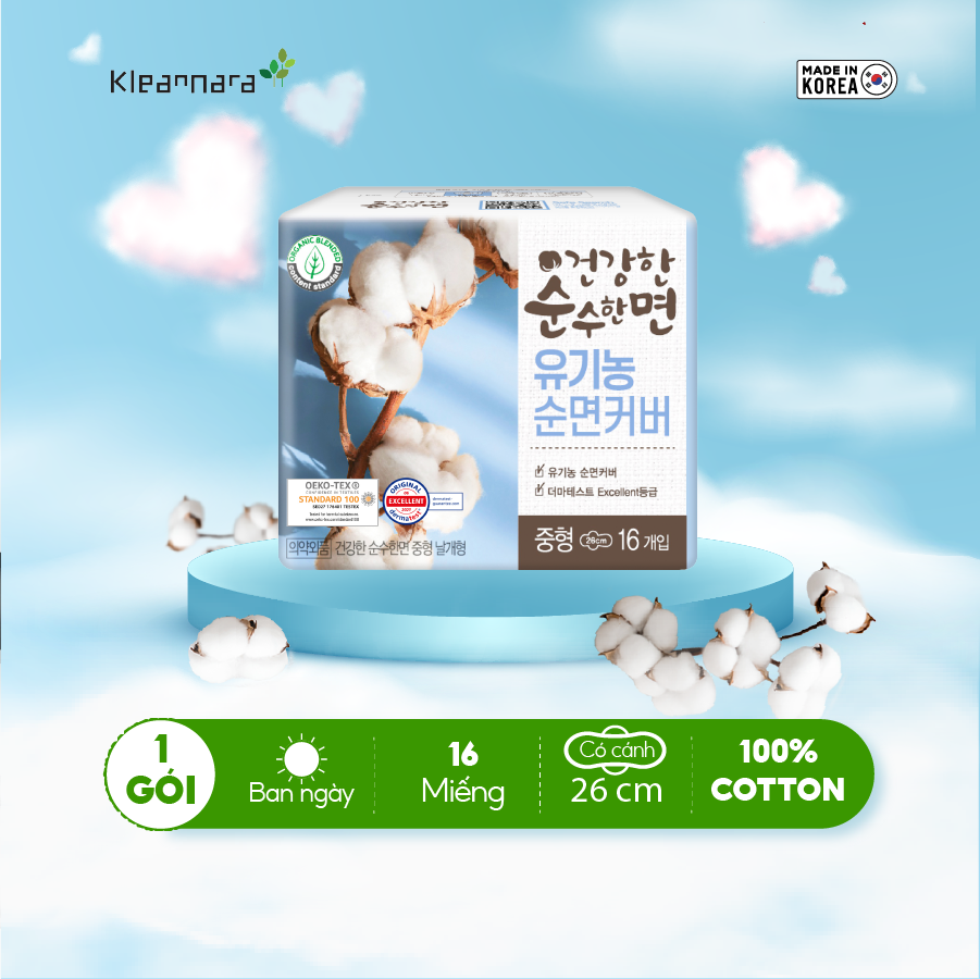 Băng vệ sinh Kleannara Organic Hàn Quốc siêu thấm hút ban ngày size M 26cm