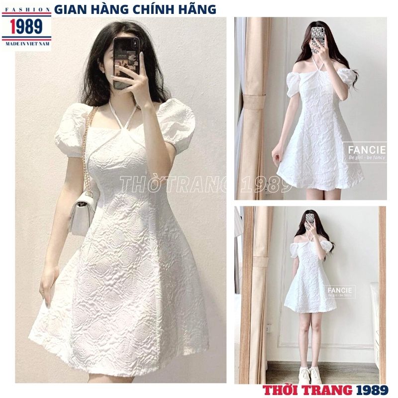 Váy nữ gấm cổ yếm mặc được hai kiểu ,đầm nữ tiểu thư bánh bèo dễ thương -đầm dự tiệc sang chảnh , váy gấm -váy babyboll -thời trang 1989