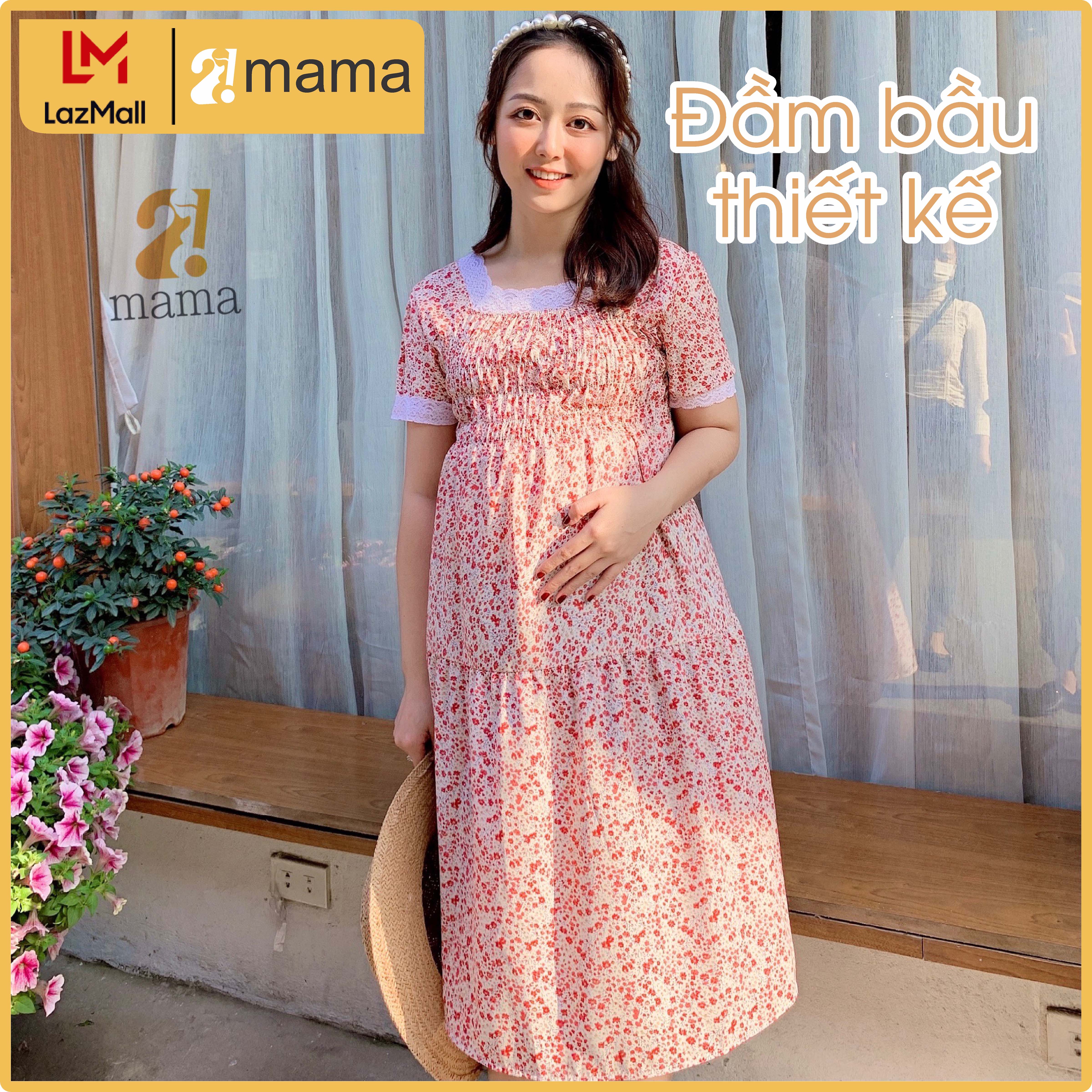 Đầm bầu dự tiệc - Váy bầu đẹp 2MAMA họa tiết hoa nhí pha ren cổ cách điệu freesize dưới 75kg V27