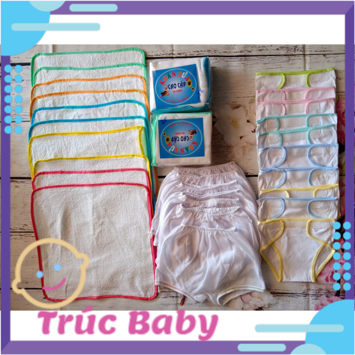 [HCM]Combo bé sơ sinh 50 chi tiết(10 tấm lót20 khăn sữa mèo10 q đùi xô mỏng10 tả vải)