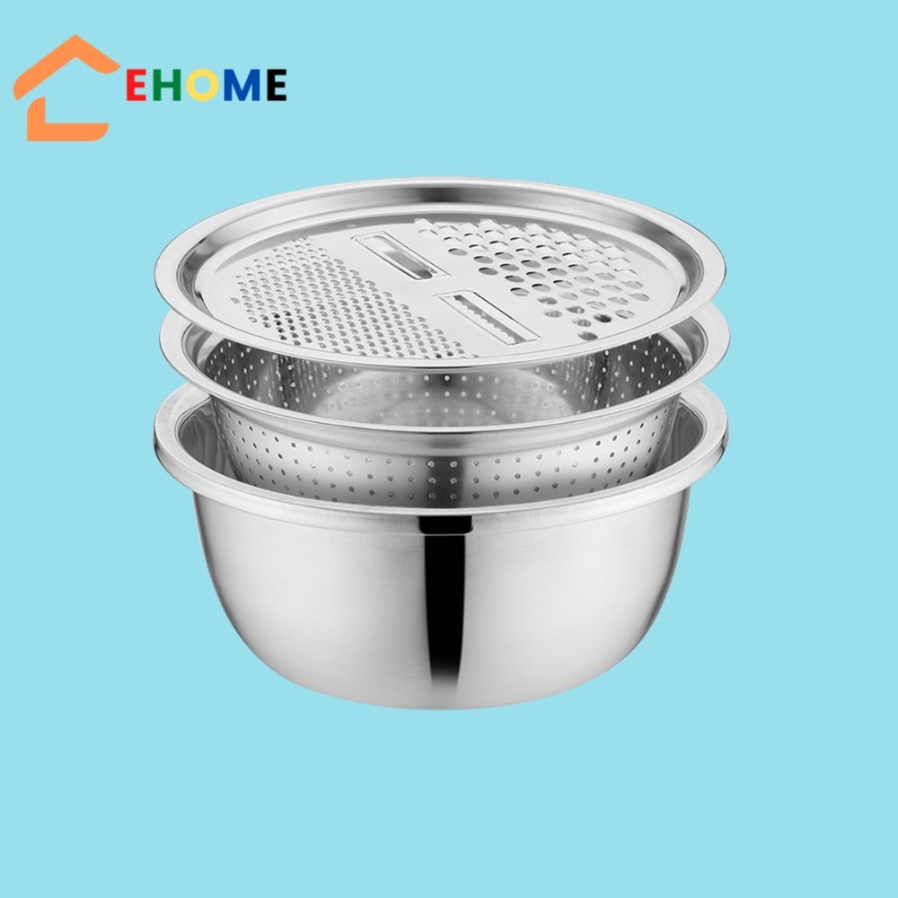 Bộ rổ nạo củ quả inox đa năng nạo rau củ quả, nạo sợi dừa kèm chậu và rổ inox size lớn