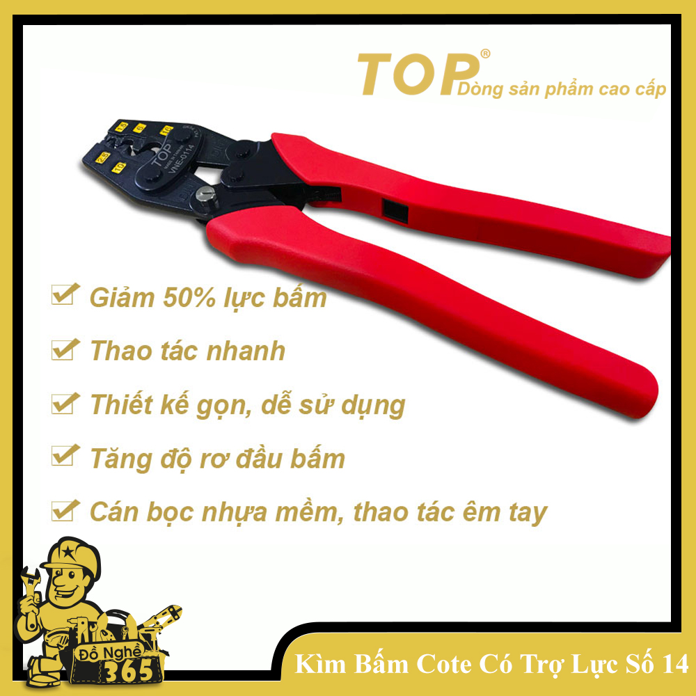 Kìm bấm đầu Cote trợ lực số 14 TOP , kìm chuyên dùng bấm đầu cote các loại, thiết kế trợ lực bấm rất nhẹ tay và sử dụng được bền lâu chuyên phục vụ cho các ngành điện và điện tử ô tô...