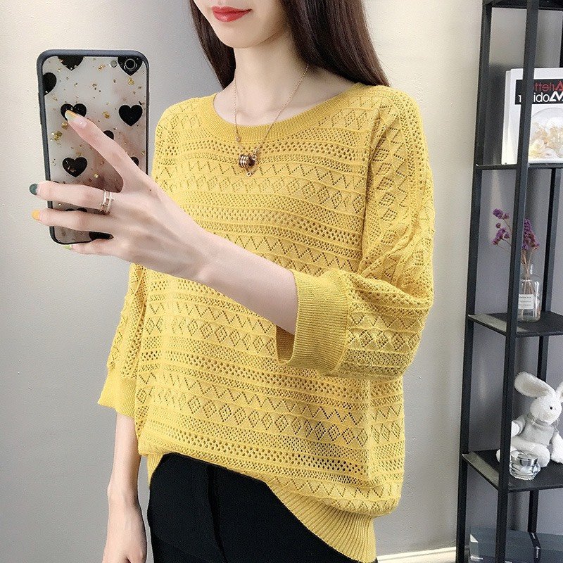áo len lưới mỏng dệt kim cổ tròn tay dài- áo len nữ