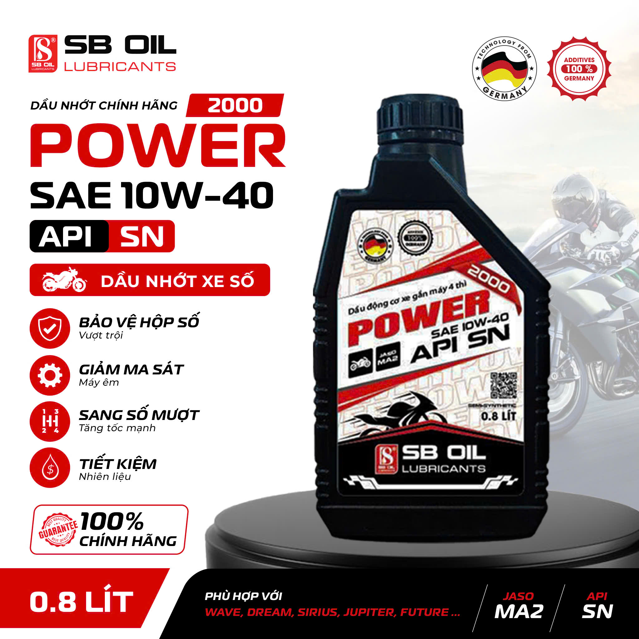 Sb Oil Power 2000 10W40 Api Sn Jaso Ma2 Transmission Oil, Motorcycle Oil Reduces Engine Wear, Saves Fuel Giá 120,000 Đồng*Miễn phí vận chuyển