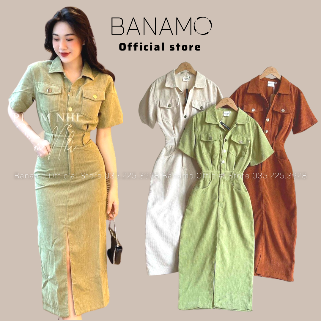 Đầm váy nữ nhung tăm thiết kế dáng xẻ trước chun sau thời trang Banamo Fashion Váy nhung tăm 552