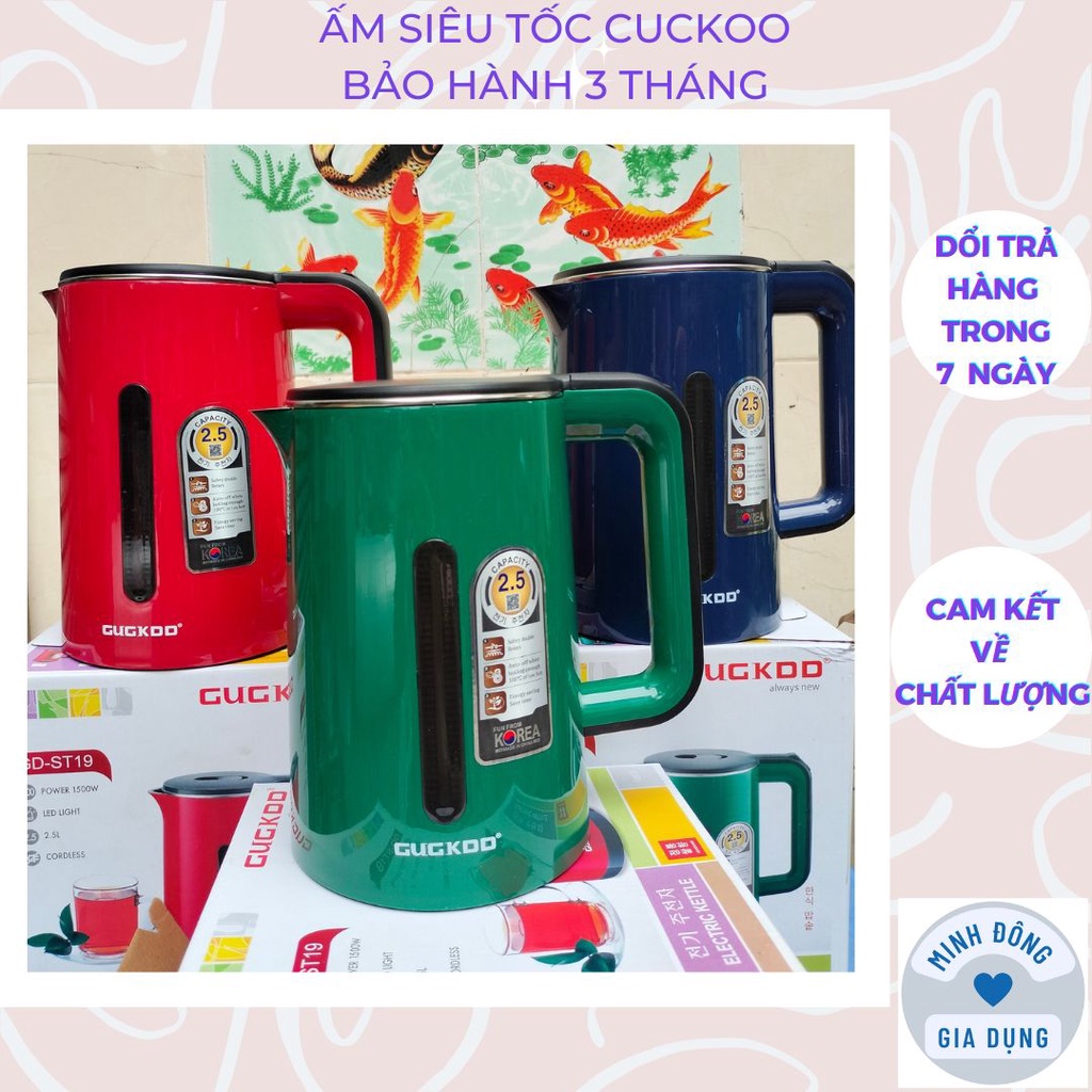 Ấm siêu tốc cuckoo 2 lớp, ấm đun nước siêu tốc công suất lớn 1500w dung tích 2.5l, bình đun siêu tốc