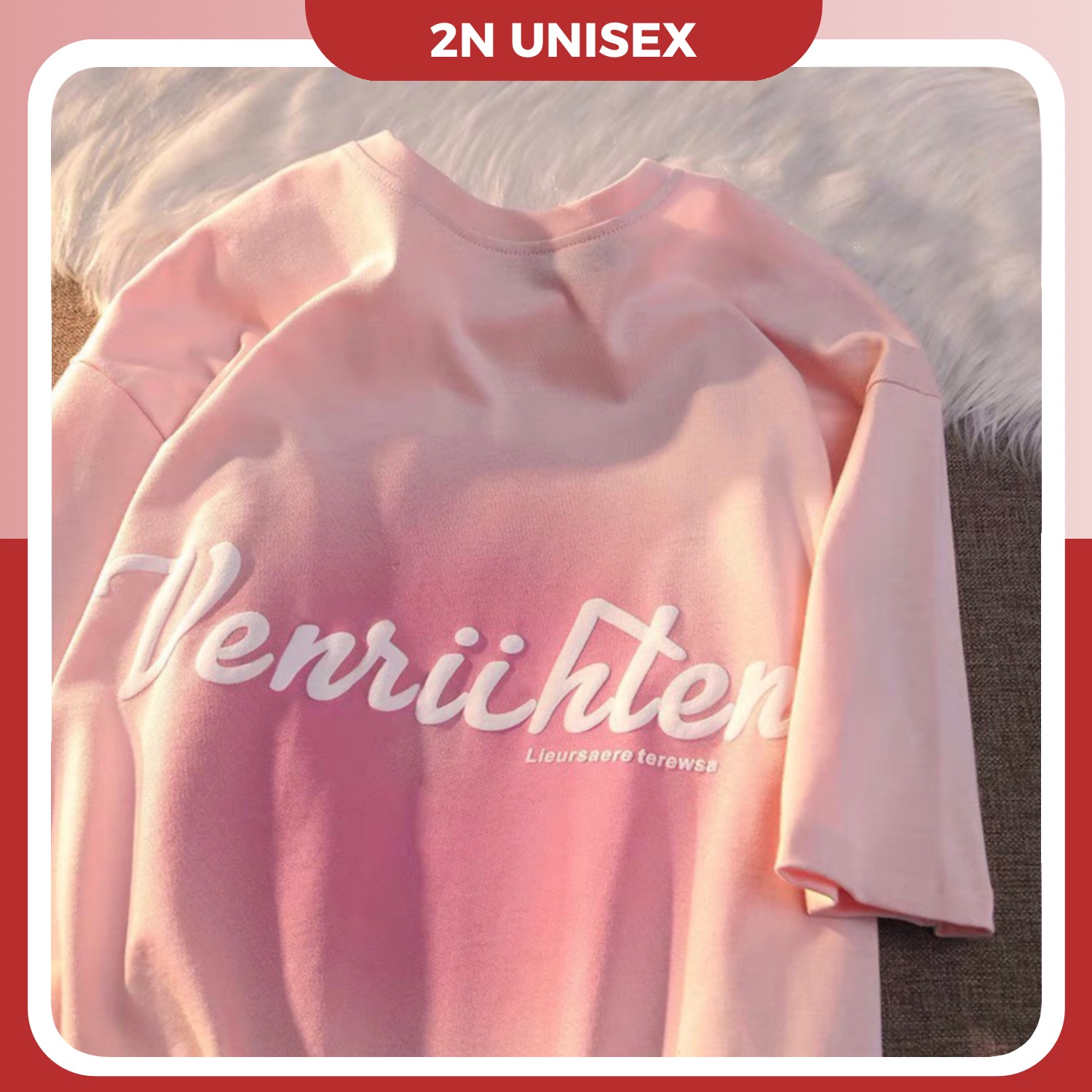 Áo phông nam nữ form rộng 2N Unisex thun cotton in nổi pastel màu hồng/kem