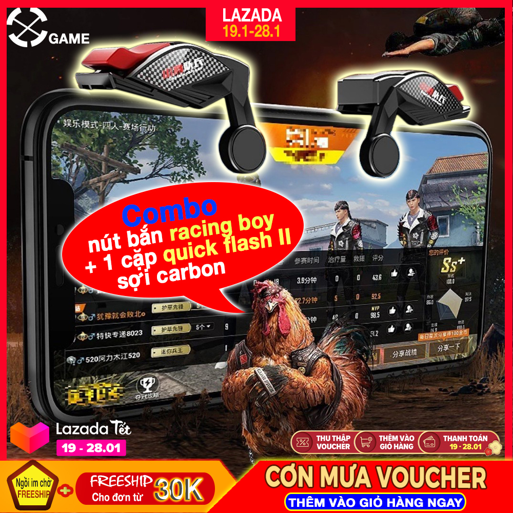 [CÔNG NGHỆ ĐIỆN DUNG] Combo bộ phụ kiện chơi game mobile nút bắn RACING BOY 1 click ra 2 viên và bao tay chơi gane chống mồ hôi sợi CARBON giúp gia tăng dame, xử lý tình huống nhanh, chiếm ưu thế trong trận chiến