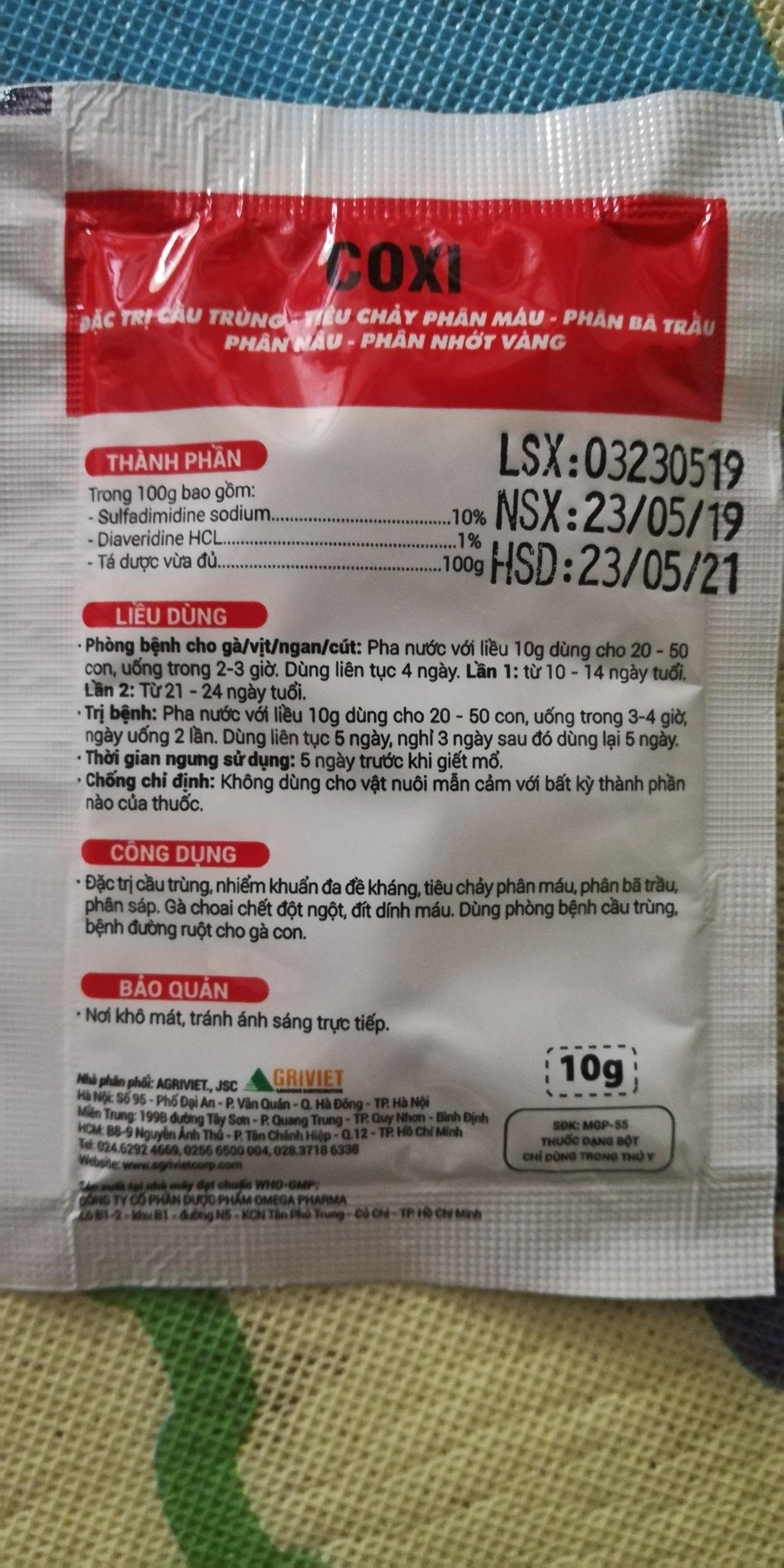 5 gói COXI 10g  ĐẶC TR-Ị CẦU TRÙNG, TIÊU CHẢY PHÂN MÁU, PHÂN BÃ TRẦU, PHÂN NÂU, NHỚT VÀNG