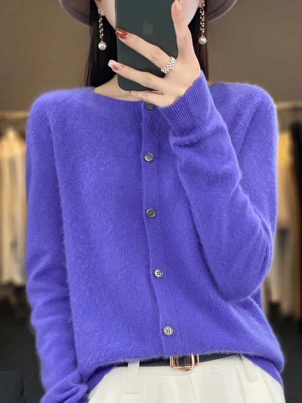 Dài Tay Áo 100% Merino Len Áo Len Cashmere Cardigan Mùa Xuân Mùa Thu Phụ Nữ O-Cổ Dệt Kim Tops Quần Áo Thời Trang Cơ Bản Tops