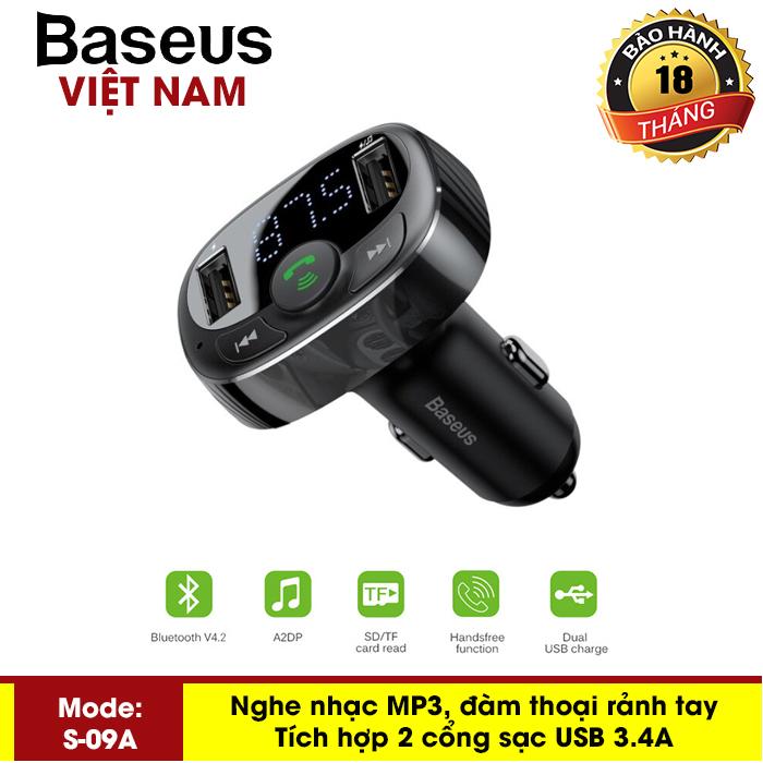 Tẩu nghe nhạc và đàm thoại rảnh tay Baseus ( S-09A ) nghe qua thẻ nhớ chuyên dụng trên ô tô tích hợp 2 cổng sạc điện thoại, USB Bluetooth 4.2 - Phân phối bởi Baseus Vietnam