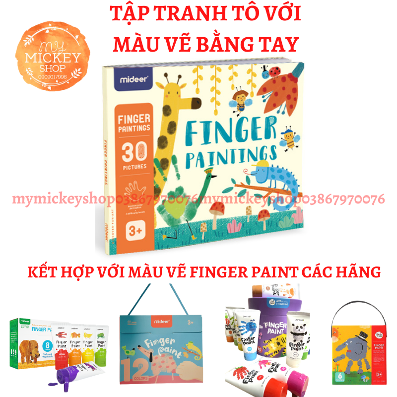 Mideer Finger Paint Art - Tập tranh mẫu gợi ý tô màu cho bé chơi cùng các mẫu Màu vẽ bằng tay loại 6 tuýp, 8 tuýp, 12 tuýp