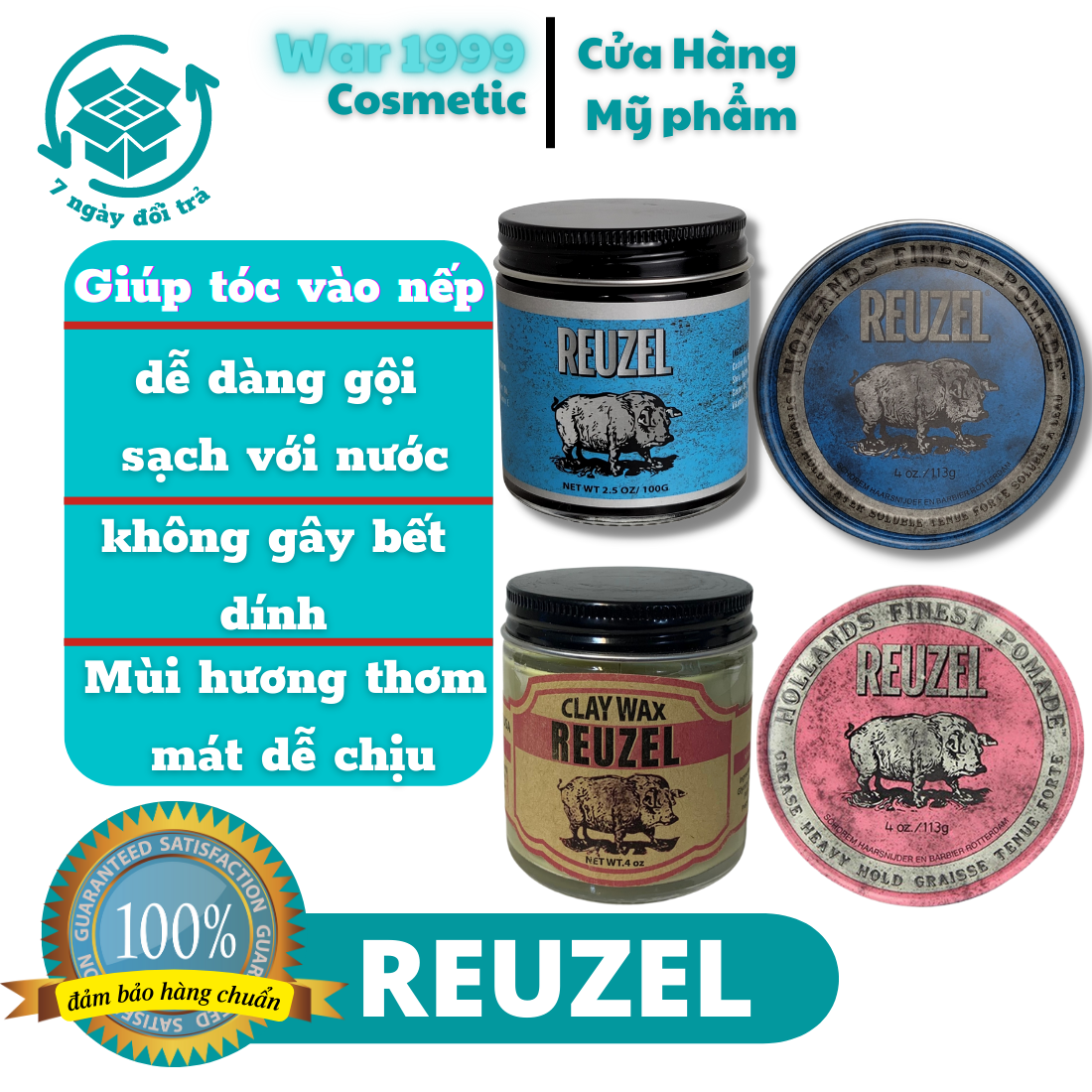 Sáp vuốt tóc nam tạo kiểu tóc REUZEL CLAY WAX siêu giữ nếp bản cao cấp lọ thủy tinh 115gr