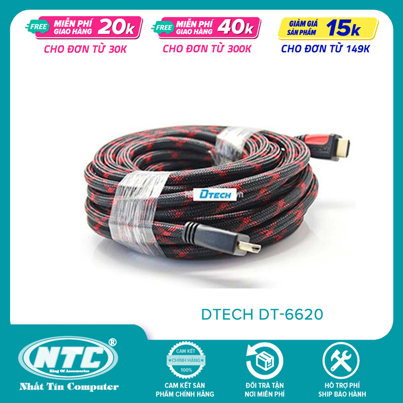 Cáp hdmi loại tròn dtech dt-6620 dài 20m dây bọc dù chống đứt siêu bền - hỗ trợ phân giải 4k - nhất tín computer