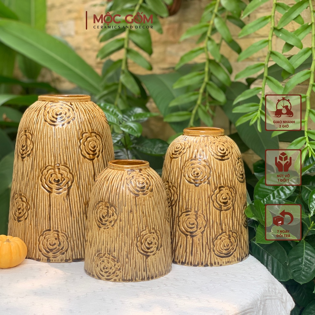 Bình gốm Bát Tràng cắm hoa trang trí dáng chuông khắc nổi hoa hồng men nâu mộc vintage Mộc Gốm MG145