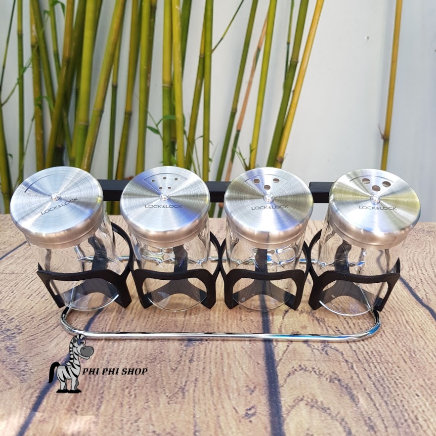 Bộ 4 hủ đựng gia vị thủy tinh lock&lock dung tích 130mlx4 kèm giá đỡ llg842 - slim spice jar set