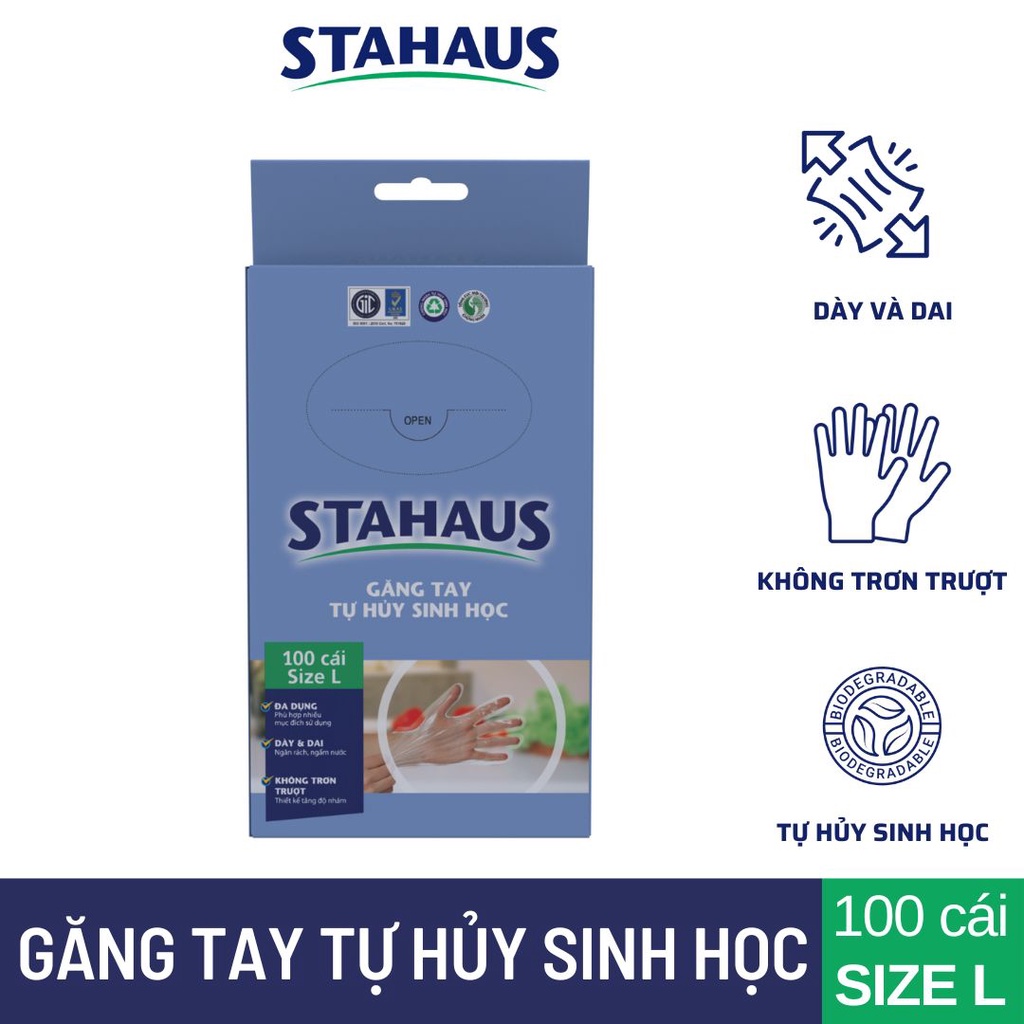 Găng Tay Dùng 1 Lần Tự Hủy Sinh Học Stahaus Size L ( hộp 100 cái )