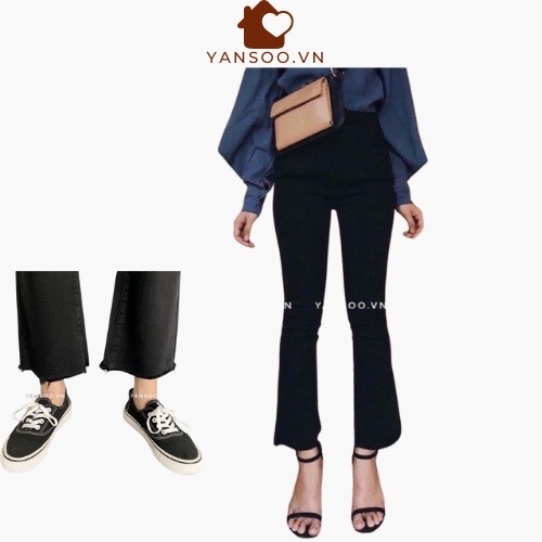 Quần jean nữ ống loe đen cắt gấu ,quần bò nữ đen cạp cao ống leo phong cách Hàn Quốc ( video thật) YANSOO