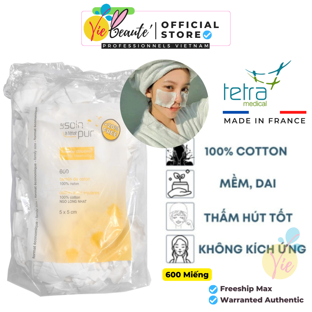 Bông Pháp Tetra Medical Carrés De Coton - Bông tẩy trang cotton tự nhiên Tetra 500/600 miếng