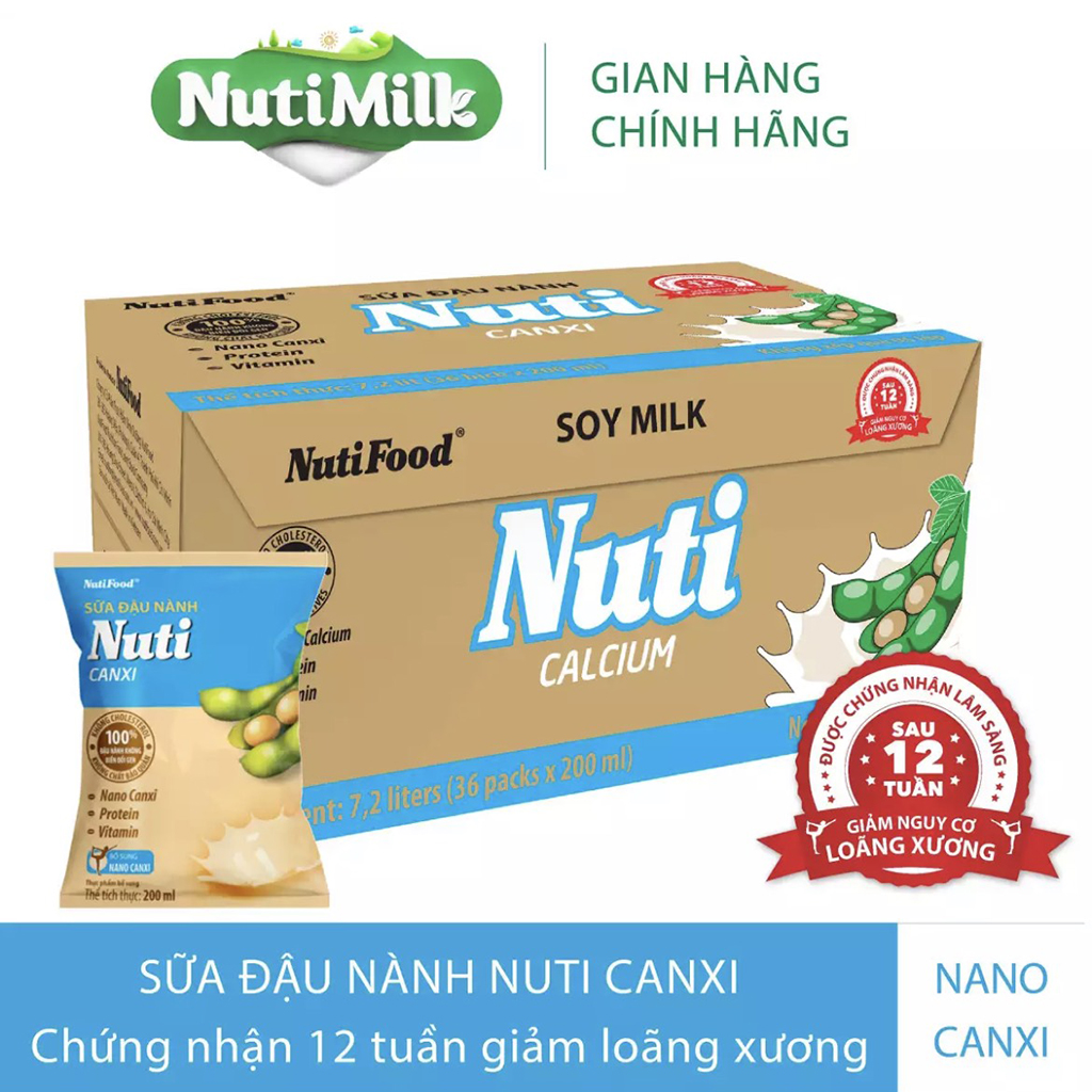 Thùng 36 bịch sữa đậu nành nuti canxi bịch 200ml-pup store