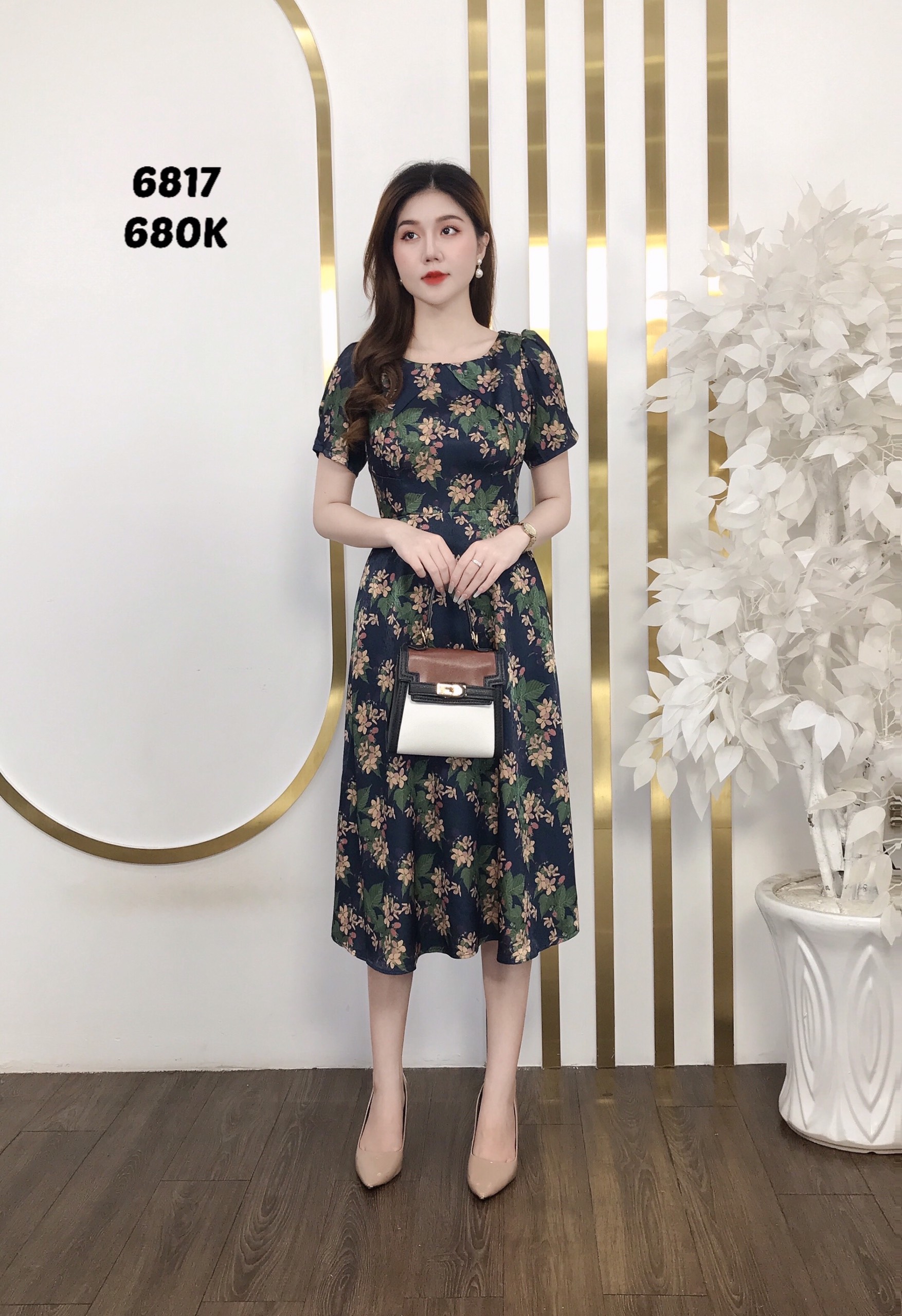 Đầm emy em6817 xoè xanh đen cổ tròn
