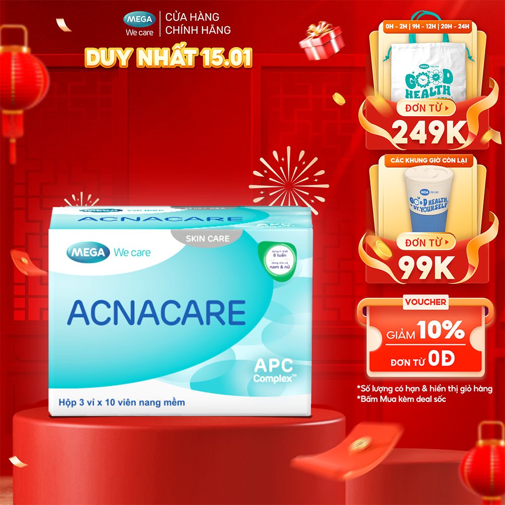 Viên uống giảm mụn, giảm nhờn - Kẽm, Crôm, D.Salina, Vitamin C, Vitamin E - ACNACARE Mega We Care (30 viên)