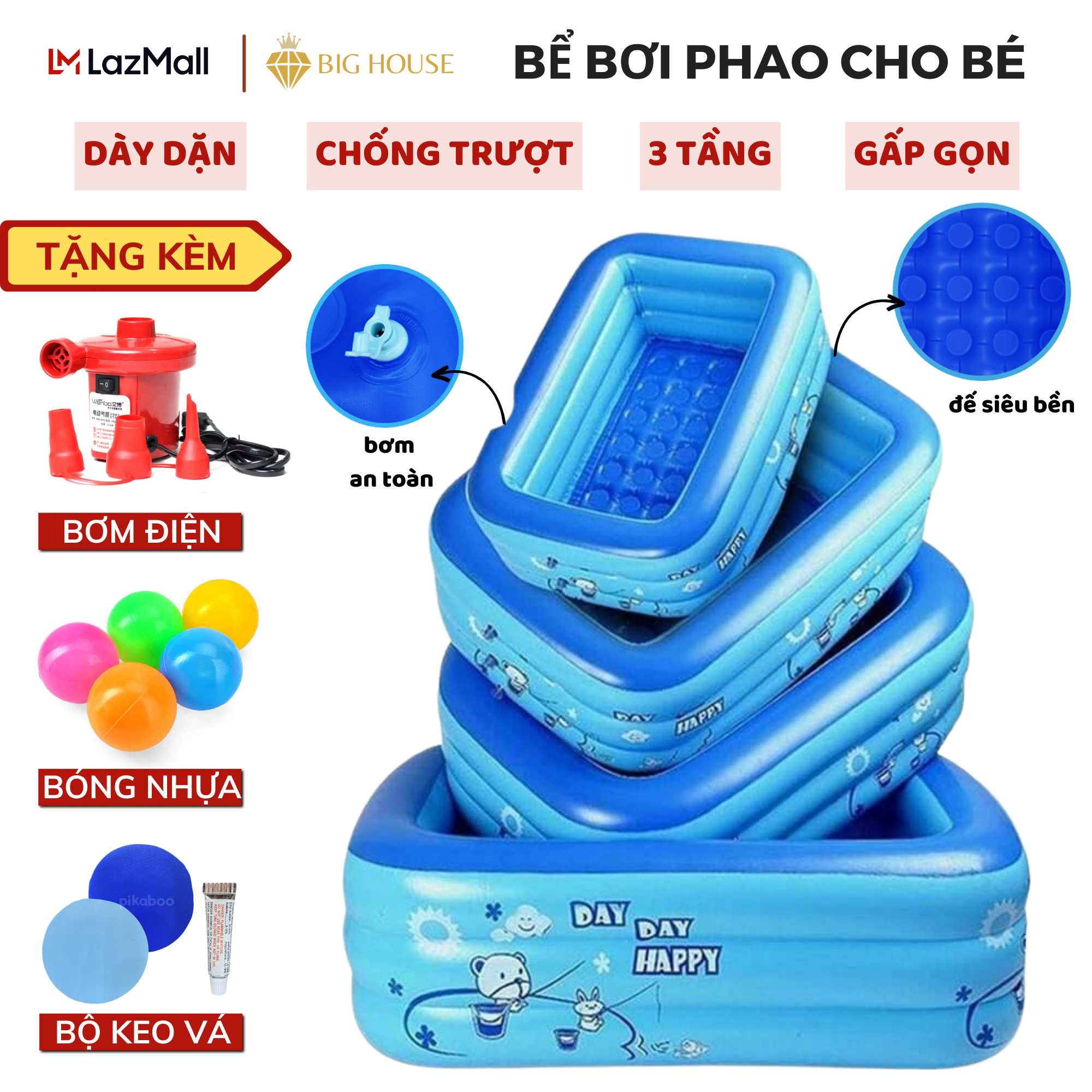 Hồ bơi trẻ em, bể bơi cho bé, hồ bơi khổng lồ, hồ bơi cho bé 3 tầng nhiều kích thước,thành cao, chống trượt