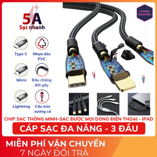 [BẢO HÀNH 1 ĐỔI 1] CÁP SẠC NHANH 5A CHO MỌI DÒNG ĐIỆN THOẠI CÓ 3 ĐẦU SẠC ĐA NĂNG - DÂY BỌC DÙ CHỐNG RỐI XOẮN GÃY GẬP - DÂY CÁP SẠC 5A HỖ TRỢ 3 ĐẦU LIGHTNING - MICRO USB - TYPE C - CÁP SẠC IP - CÁP SẠC SAMSUNG - CÁP SẠC OPPO
