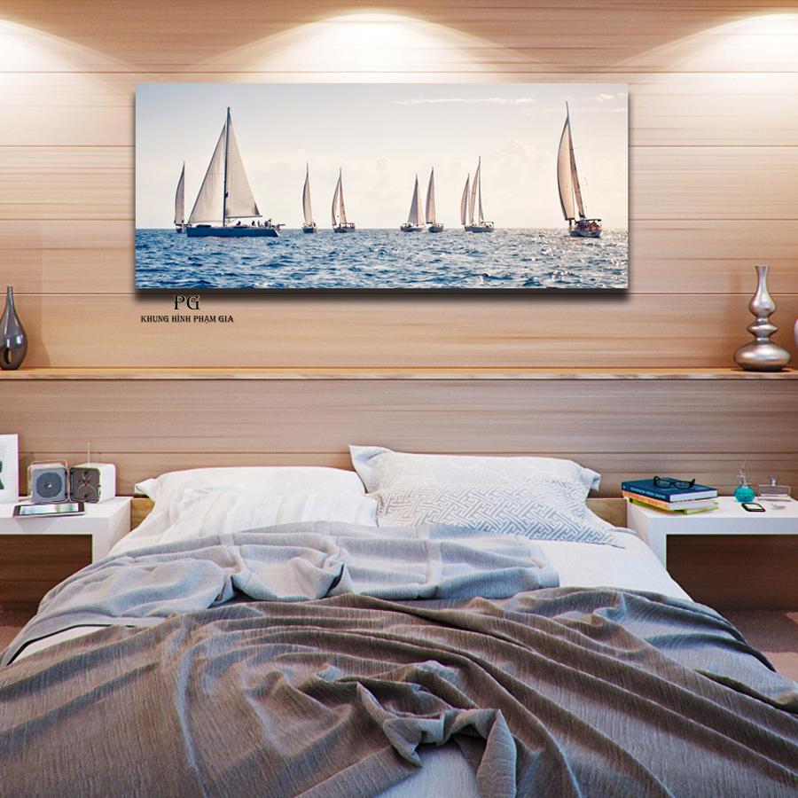 Tranh canvas thuyền biển kt 60x120cm kèm khung viền nổi bật - khung hình phạm gia pgv74