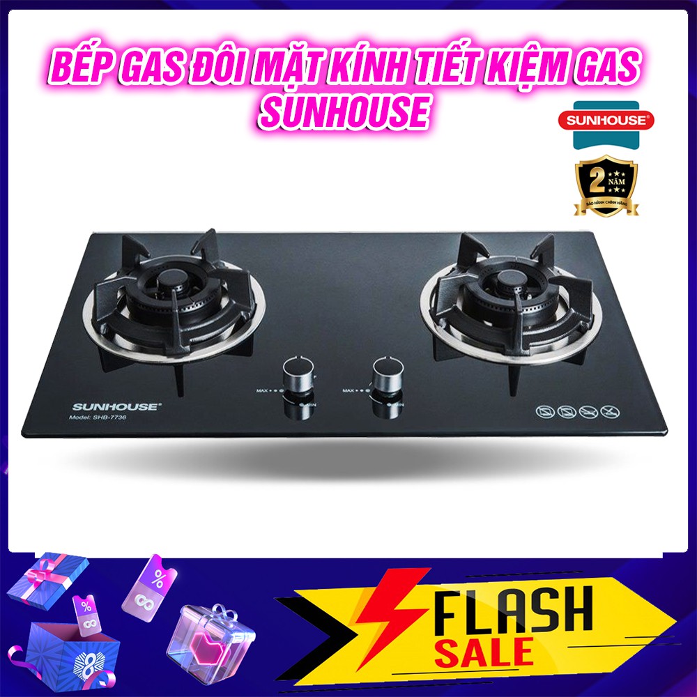 Bếp gas âm kính sunhouse shb7736 mới 100%+tặng dây gas- đầu hâm- ngắt ga tự động -đánh lửa ic-bh 24 tháng