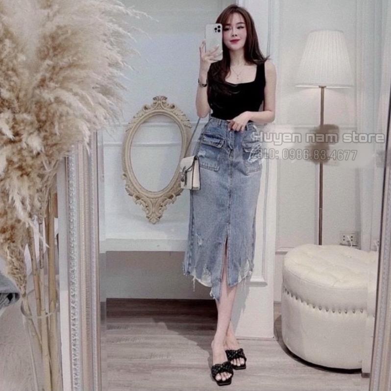 Chân váy bò 🍀freeship🍀 chân váy dáng dài túi hộp xẻ lệch