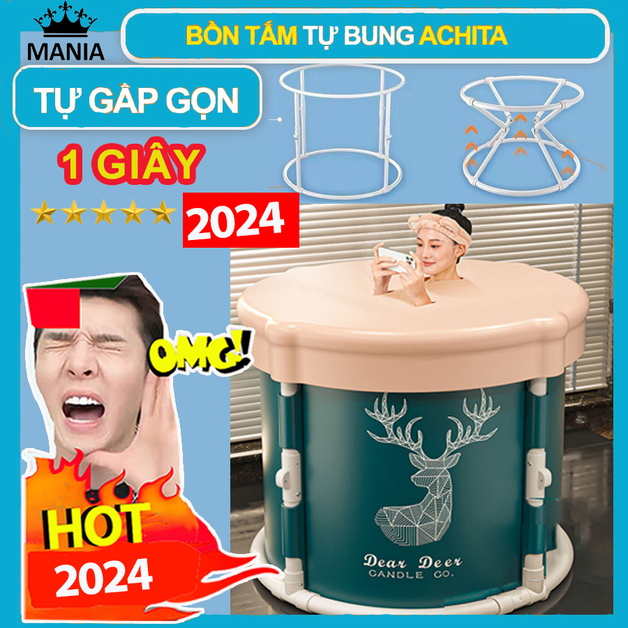 Bồn tắm gấp gọn Achita tự bung không cần lắp ráp,4 trụ đứng chắc chắn,chậu tắm gấp gọn tặng đệm hơi, muối tắm, ống nước
