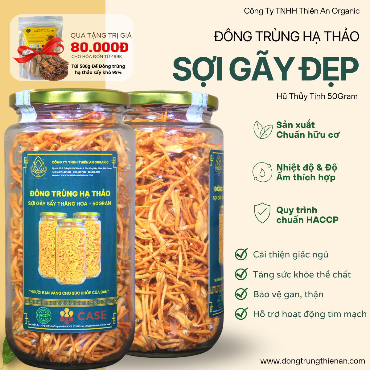 Đông trùng hạ thảo sấy thăng hoa Sợi Gãy 50gram Thiên An giúp dễ ngủ tăng cường hệ miễn dịch tốt cho tim mạch