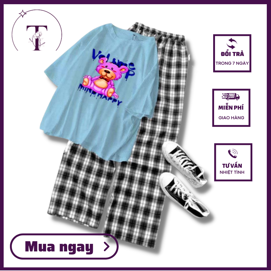 Sét bộ áo thun nữ chuột hồng , chất cotton phom unisex kèm quần kẻ ống rộng dài, sét bộ đi học , sét bộ đi chơi