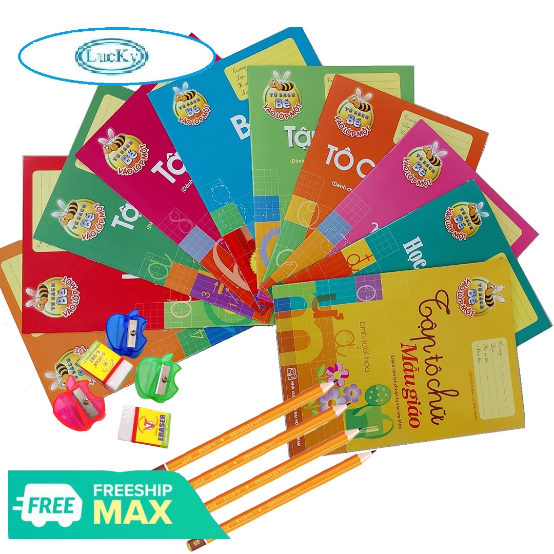 Lucky: Combo 10 Cuốn Tập Tô Chữ,Tô Số, Ghép Vần,Làm Toán ( Tặng kèm 1 Cây Bút Chì,1Gôm,1Chuốt)