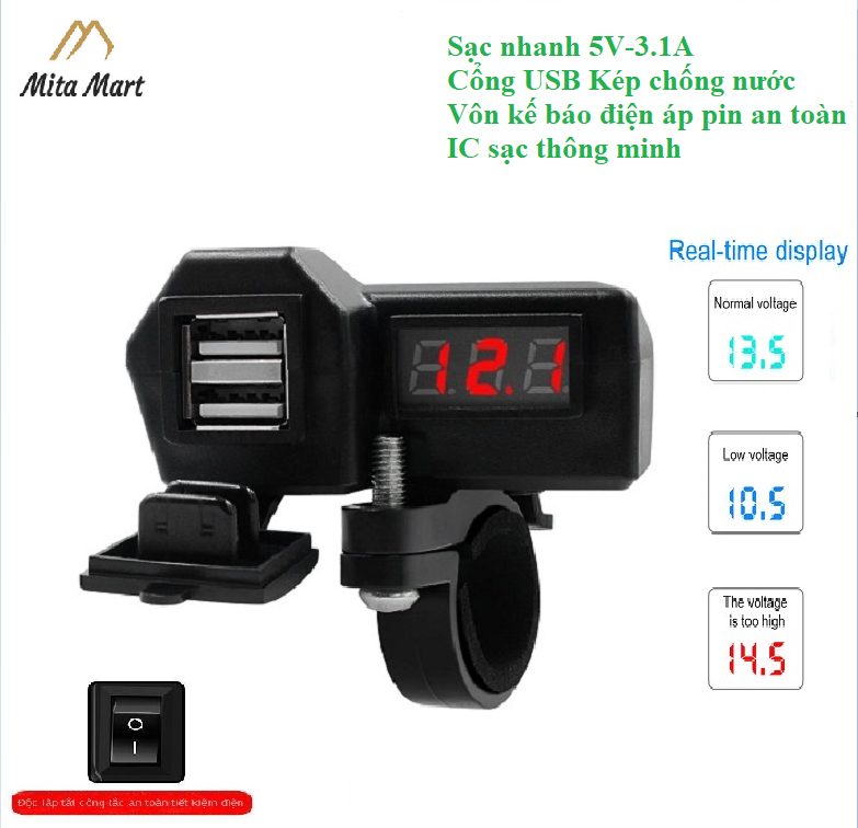 Bộ sạc điện thoại gắn xe máy, mô tô 2 cổng nguồn USB kim vôn kế báo điện áp, điện trở an toàn, công tắc sạc nhanh chống nước tốt đã qua kiểm duyệt