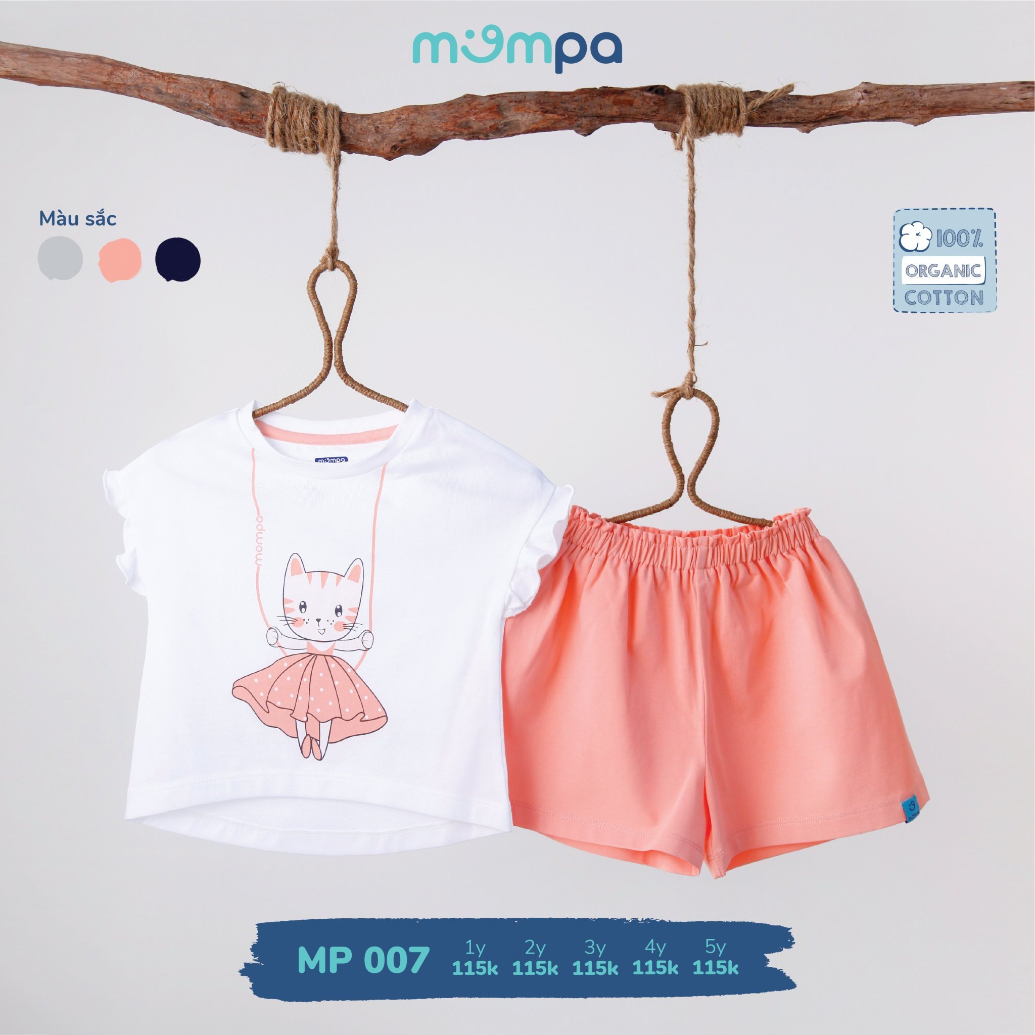 Bộ cộc tay bé gái in hình chú mèo cho bé từ 1y-5y/ Bộ côc tay bé gái Mompa