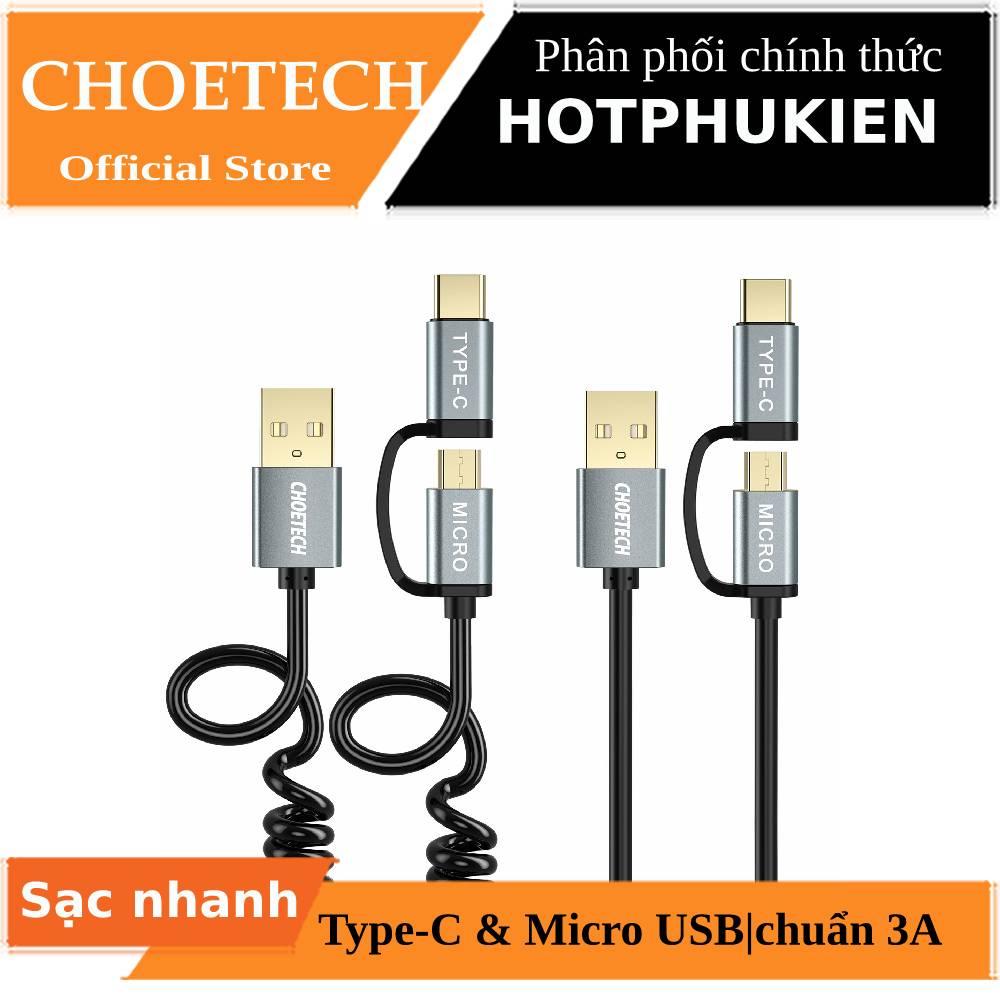 Dây cáp sạc type c choetech MIX00021 sạc nhanh 3A 2 đầu Type-C và micro usb dài 120cm sạc nhanh 3A sạc nhiều thiết bị chip sạc thông minh 1 dây lò xo & 1 dây thẳng) iphone ipad samsung oppo huawei xiaomi