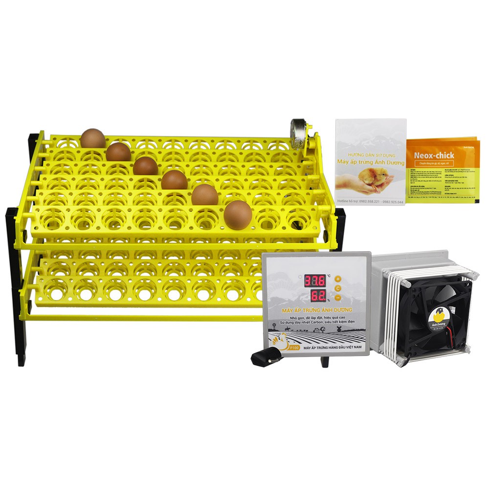 Máy ấp trứng gà mini P100 - Ánh Dương - Khay đảo tự động 108 trứng - Tặng đèn soi
