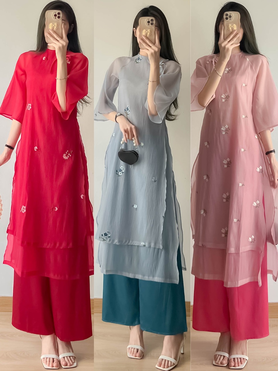 Set bộ áo dài thêu hoa nổi 4 tà tay loe 4 tà cao cấp có size to by2138