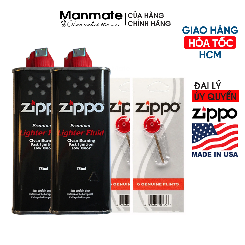 Combo 2 xăng Zippo + 2 vỉ đá Zippo chính hãng mỹ (made in USA) -Manmate Zippo