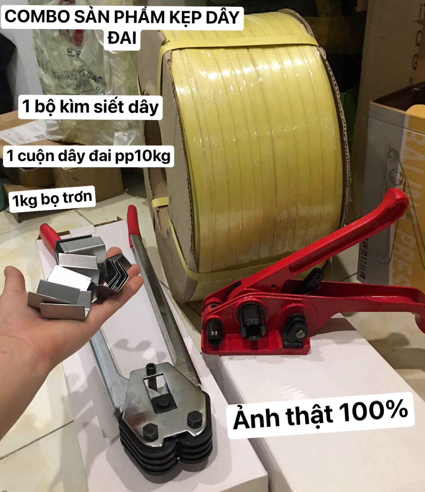 Combo kìm siết dây đai nhựa kèm dây và bọ sắt kẹp đai