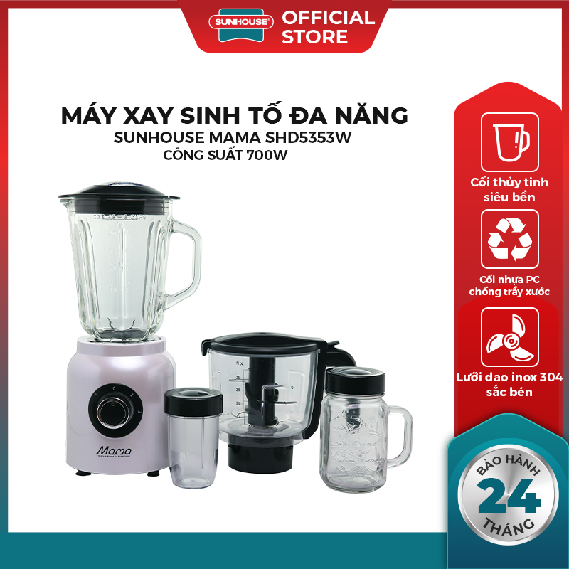 Máy xay sinh tố đa năng Sunhouse SHD5353W - Cối xay thủy tinh siêu bền - Lưỡi dao kép xay siêu nhuyễn - Hàng chính hãng - Bảo hành 12 tháng
